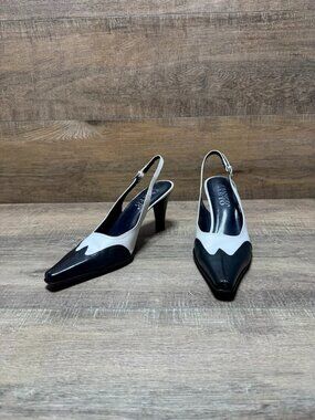 Franco Sarto Two-Tone Black/White Leather Slingback Pumps Women's Size 7.5